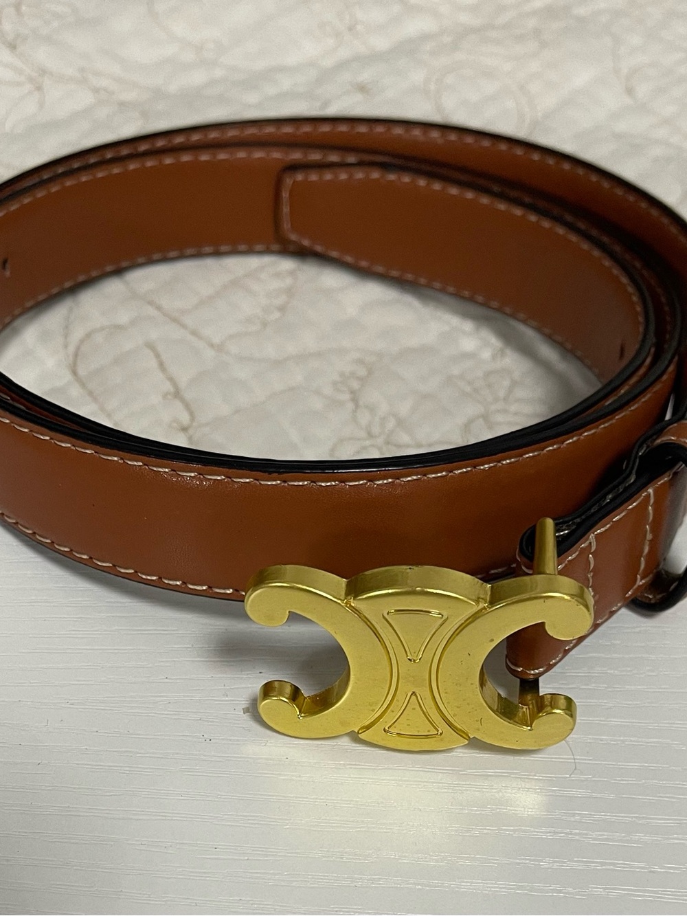 Tan Leather Women's Belt with Gold Double-Crescent Buckle - Picture 3 of 9